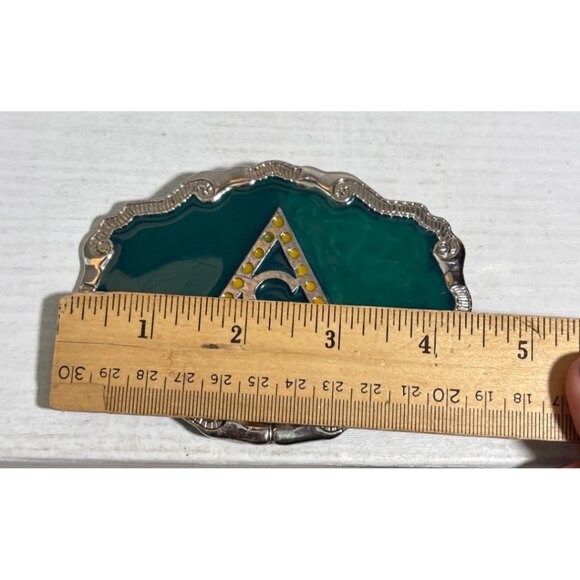 Vintage Silver Toned Belt Buckle Green Enamel & Yellow Accents Triangle with "S" - Picture 3 of 4